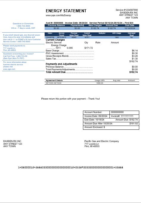 USA California PG&E (Pacific Gas and Electric Company) business utility bill template in Word and PDF formats, version 2